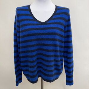 Halogen Women's V-Neck Sweater Size 2X Blue Striped 2 Ply 100% Cashmere LS